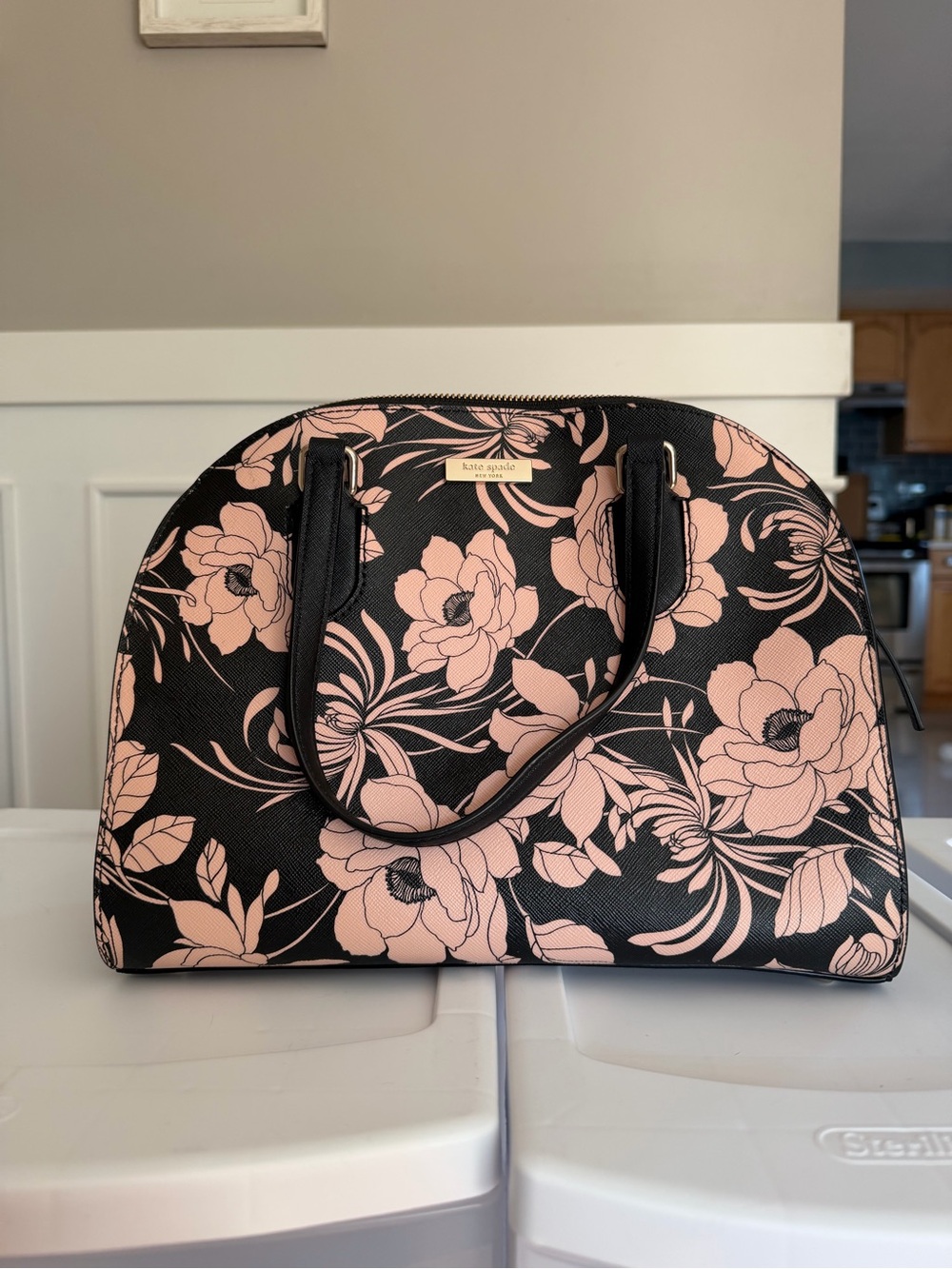 Kate spade Floral Dome Satchel Handbag - Black with Pink Floral Print. leather